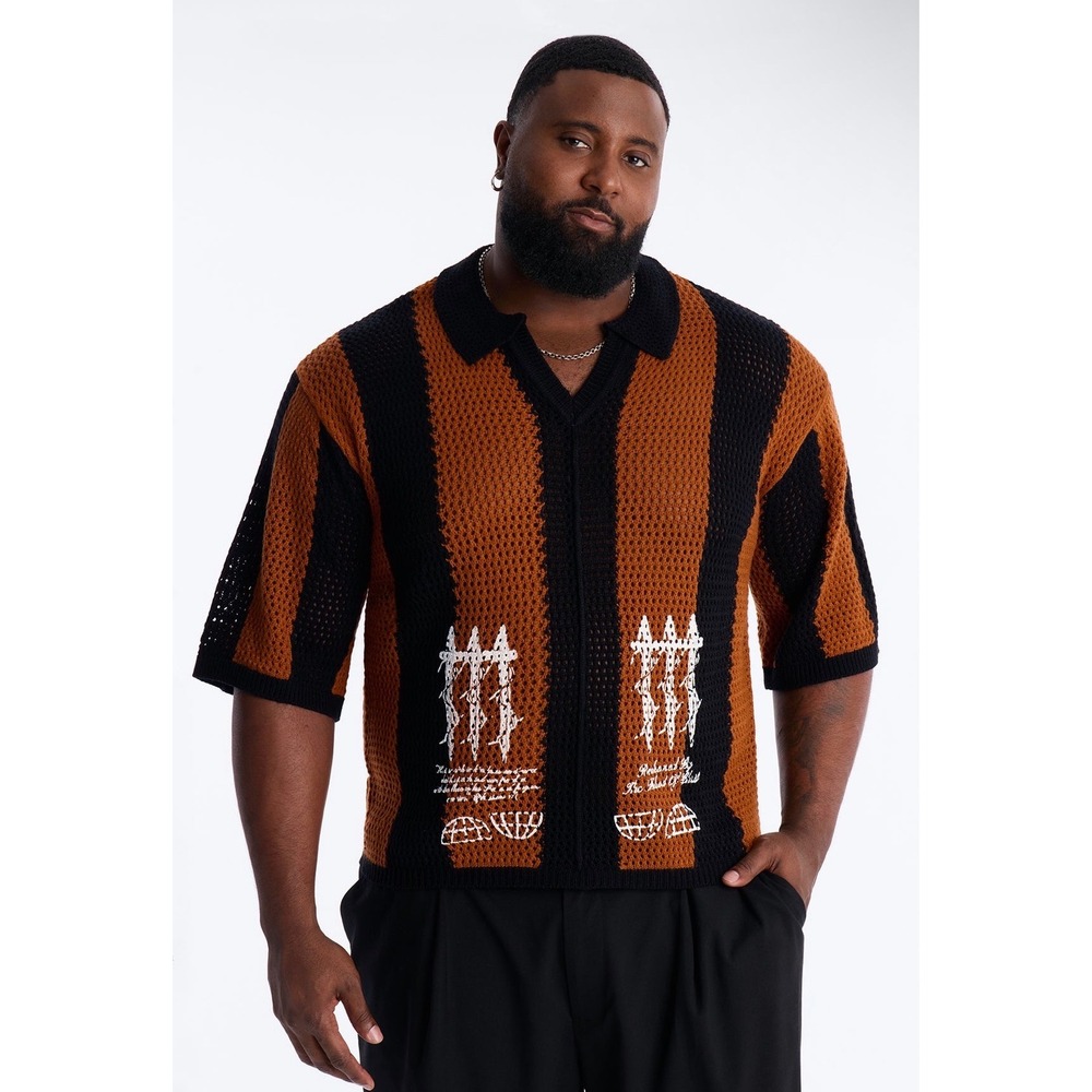 (S) Fashion Nova Men Istanbul Crochet Pullover Shirt XL Brown Black Striped